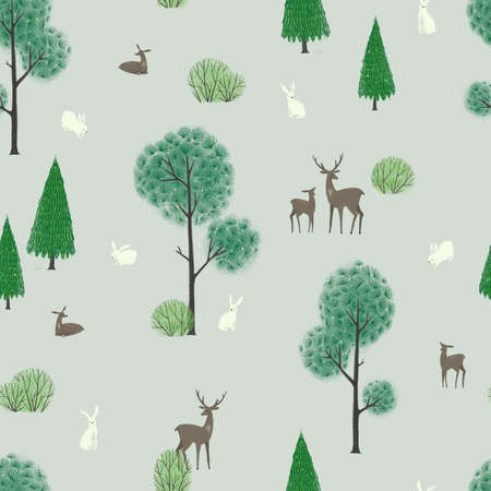Seamless pattern with forest and forest animals, deers and rabbits. Scandinavian style.の写真素材