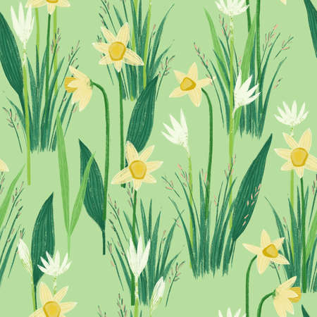 Seamless pattern with spring meadow with herbs, leaves, daffodils and primroses flowers. Minimalistic Scandinavian style.の写真素材
