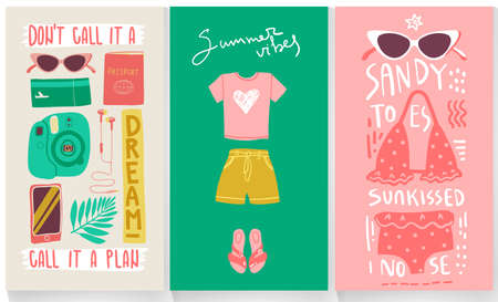 Summer cards about traveling and vacation with hand letteringのイラスト素材