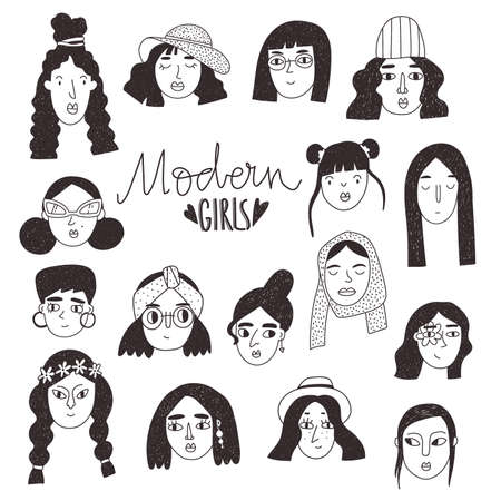 Modern Girls doodle set. Different women faces in simple style.のイラスト素材