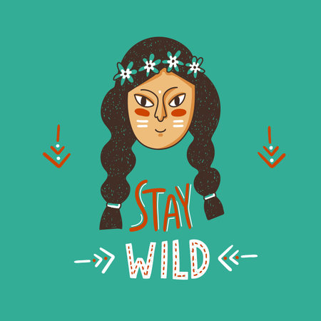 Stay wild. Support card with doodle girl.のイラスト素材