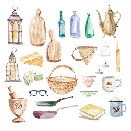 Watercolor different kitchen cozy elements. Natural materials, retro styleの写真素材
