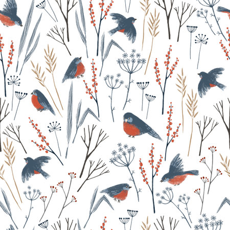 Seamless pattern with hand drawn winter bullfinch birds and forest herbs. Stylish illustration, perfect for winter wrapping paper or fabric.の写真素材