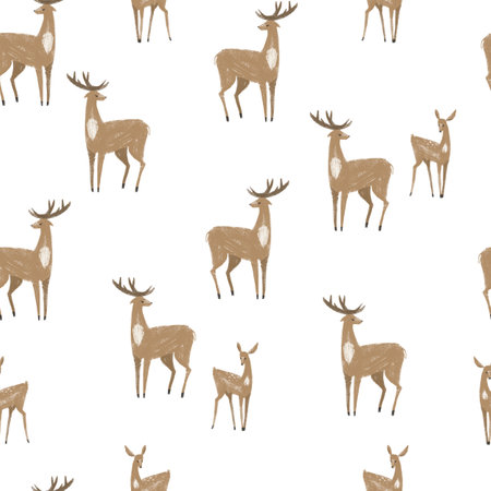 Seamless pattern with hand drawn deers and fawns. Stylish illustration, perfect for winter wrapping paper or fabric.の写真素材