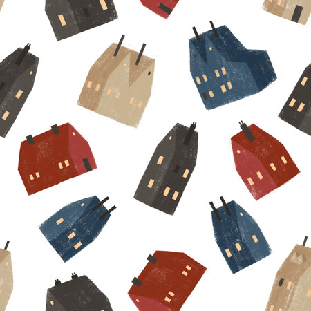 Seamless pattern with hand drawn textured houses. Random flying houses, perfect for winter wrapping paper or fabric.の写真素材