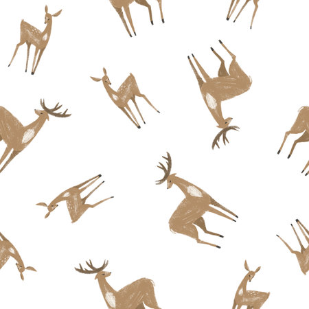 Seamless pattern with hand drawn deers and fawns. Stylish illustration, perfect for winter wrapping paper or fabric.の写真素材