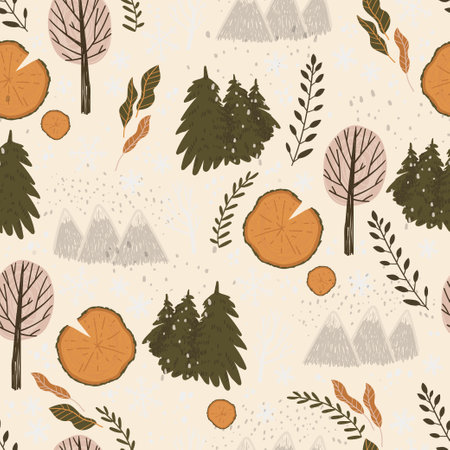 Winter holiday seamless pattern with natural landscape, forest, field and other winter symbols. Christmas and New Year decorations.の写真素材
