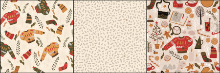 Winter holiday seamless pattern collection with sweater, snow, tree, cocoa and other winter symbols and one simple abstract pattern.の写真素材