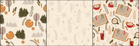 Winter holiday seamless pattern collection with book of fairy tales, cocoa, natural landscape, forest, field and other winter symbols. Christmas and New Year decorations.のイラスト素材