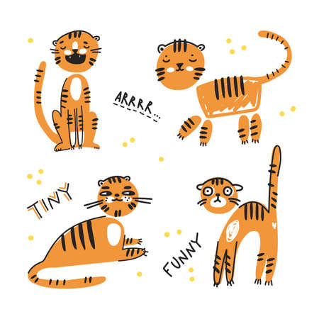 Cute funny cartoon tigers in naive kid drawn style. Collection of emoji. Tiny animal characters.のイラスト素材
