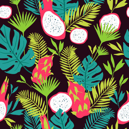 Seamless pattern with tropical spirit. Jungle leaves and palms. Vector illustration.のイラスト素材