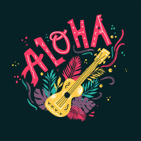 Aloha. Beautiful poster with ukulele, palm tropical leaves and ornate hand lettering.のイラスト素材
