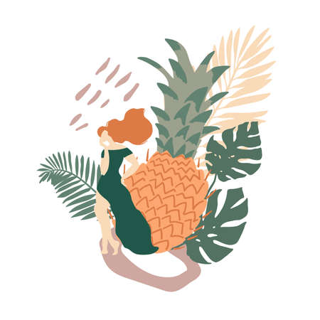 Concept illustration with woman, exotic fruit and jungle leaves.のイラスト素材