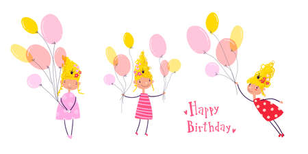 Little cute princess collection. Girls with balloons.のイラスト素材