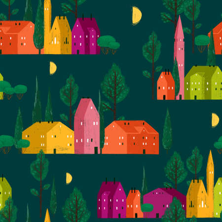Seamless pattern with bright small night town. Color houses and trees on a dark green background.の写真素材