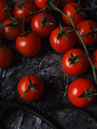 A Still life on black background of little tomatoes - Sicily - Pachino