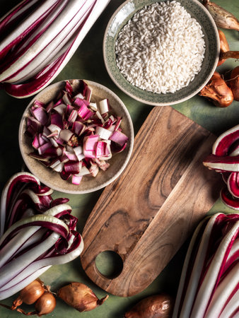 box full of fresh Treviso PGI tardive red radicchio delicious winter salad with white stems and red topsの写真素材