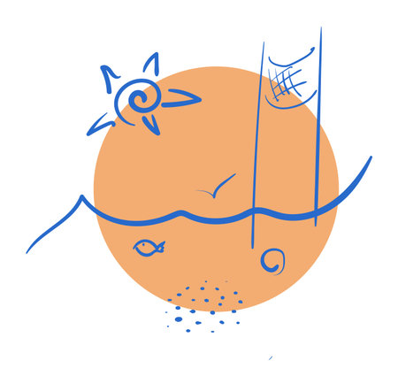 Beach illustration with volleyball net, sun and line of the seaの写真素材
