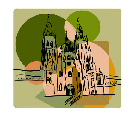Santiago de Compostela in cubism style in beige and green colorsのイラスト素材
