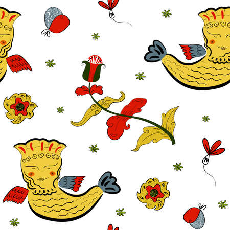 Vector seamless pattern with traditional folk bird with flower on white backgroundのイラスト素材