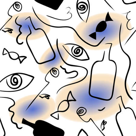 Surreal ector seamless pattern with the eye, flower, candy, bottleのイラスト素材