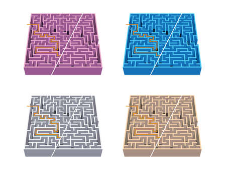 4 colors Labyrinths / Mazes, it is a vector illustration, maze game with solution suitable to use it for games book for kids, or print it for whatever you like.のイラスト素材