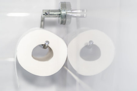 Close-up of a white roll of soft toilet paper neatly hanging on a modern chrome holder on a light...