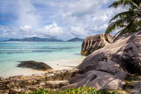 The most beautiful beach of Seychelles, Anse Source d'Argent - granite rocks at beautiful beach on tropical island La Digue in Seychelles. High quality photoの写真素材