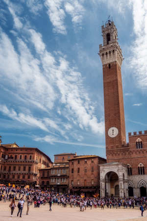 Siena Tuscany, Italy, April, 2018: Public Palace, Palazzo Pubblico in campo Square, Piazza del campo. Siena Tuscany, Italy. High quality photoのeditorial素材