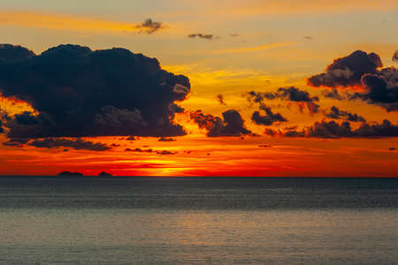 Cloudy Red Sky at Sunset on Riviera of Ulysses, Sperlonga Italy.の写真素材