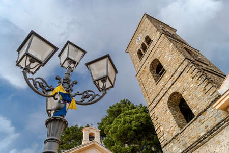 Castellabate, Italy, June 2020: The Bell tower of Romanesque Pontifical Basilica of Santa Maria de Gulia, in Castellabate, italy.のeditorial素材