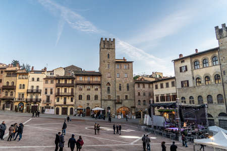 Arezzo, Tuscany, Italy, December 2019: Old Building in the Main Square of Arezzo City, Piazza Grande, Tuscany, Italy.のeditorial素材