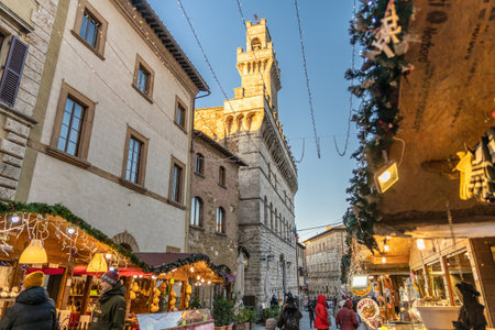 Montepulciano, Tuscany, Italy, December 2019: Christmas Market in Montepulciano, Piazza Grande, the main square of Montepulciano during the Christmas time.のeditorial素材
