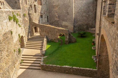 Inner courtyard of the Orsini Odescalchi Castle on Bracciano Lake, built in the 15th century, Rome, Lazio, Italyの写真素材