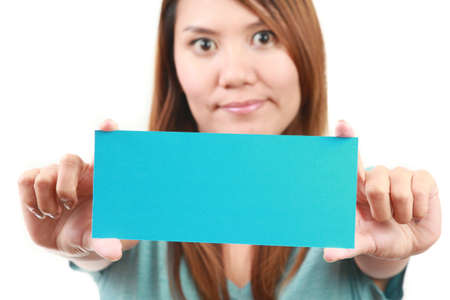 beautiful woman holding empty board  Isolatedの写真素材