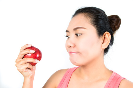 asian woman with appleの写真素材