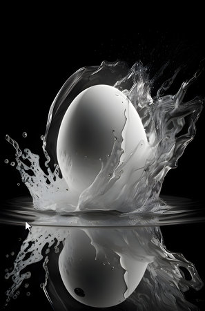 Egg with splashes of water on a black background. 3d renderingの素材