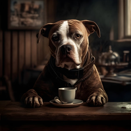 American Staffordshire Terrier dog with a cup of coffee on a wooden tableの素材