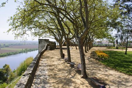 Park with castle walls, Santarem, Portugalの写真素材