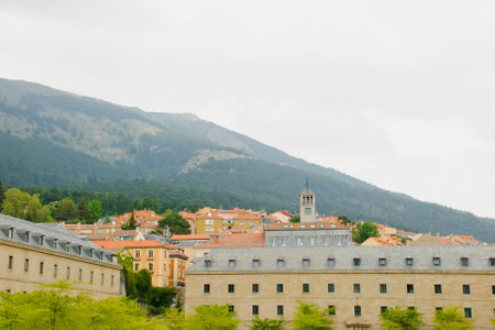 El Escorial monastery with hills, Madrid, Spainのeditorial素材
