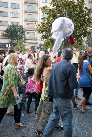 PORTO, PORTUGAL - SEPTEMBER 15: People protesting against government spending cuts and tax rises in Aliados square, Porto on September 15, 2012.のeditorial素材