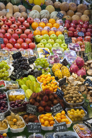 Various colorful fruits and vegetables at market La Boqueria in Barcelonaのeditorial素材