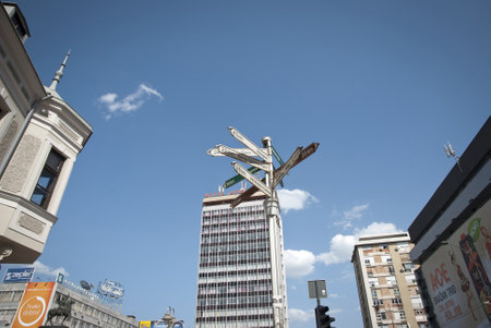 NIS, SERBIA - APRIL 28: Signpost with directions in city center of Nis, Taken in Nis, Serbia on April 28, 2013のeditorial素材