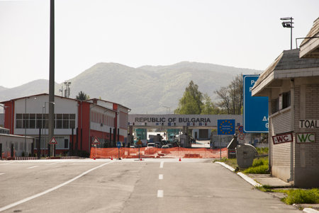 Border crossing checkpoint in Dimitrovgrad, between Serbia and Bulgariaのeditorial素材