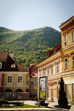 BRASOV, ROMANIA - MAY 3: City of Brasov with famos hill behind, on May 3, 2013.のeditorial素材