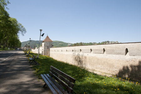 Medieval city wall around old part of Brasov, Romaniaのeditorial素材