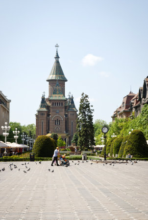 The orthodox cathedral of Timisoara with garden over Piata Uniriiのeditorial素材