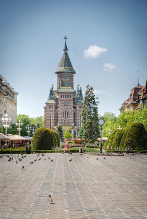 The orthodox cathedral of Timisoara with garden over Piata Uniriiのeditorial素材