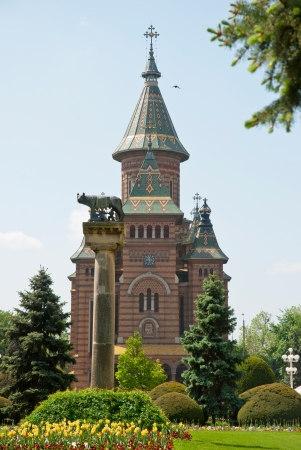 The orthodox cathedral of Timisoara with garden and wellの写真素材