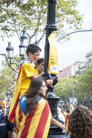 BARCELONA, SPAIN - SEPTEMBER 11: Kids waving with flags during "Catalan Way", silent demonstration for independent Catalonia in Barcelona, Spain on September 11, 2013のeditorial素材